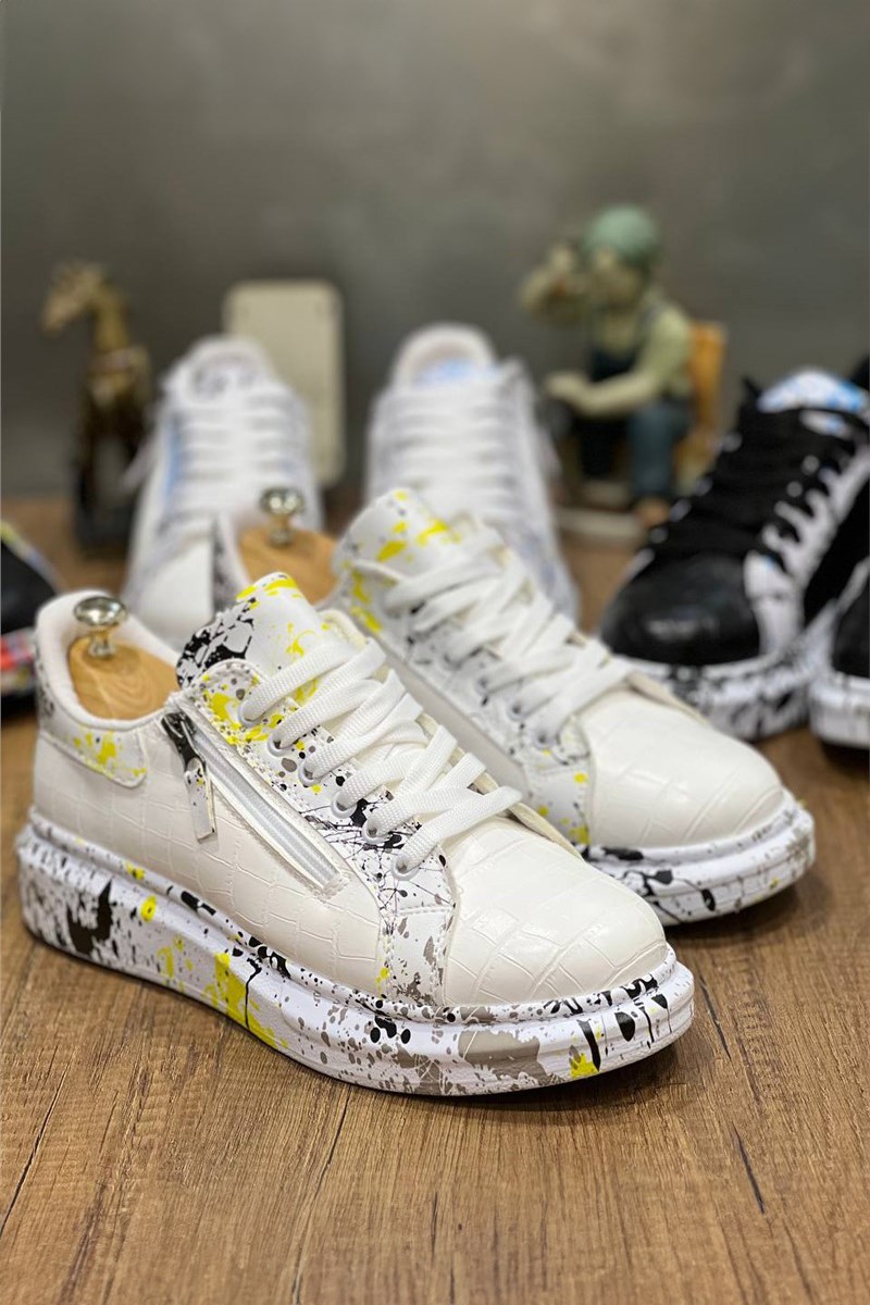 Męskie sznurowane buty KB02 - białe z żółtym #383553