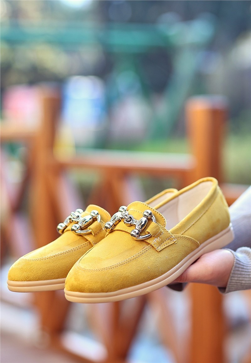 Women's Suede Ballerina Shoes - Mustard Color #366619