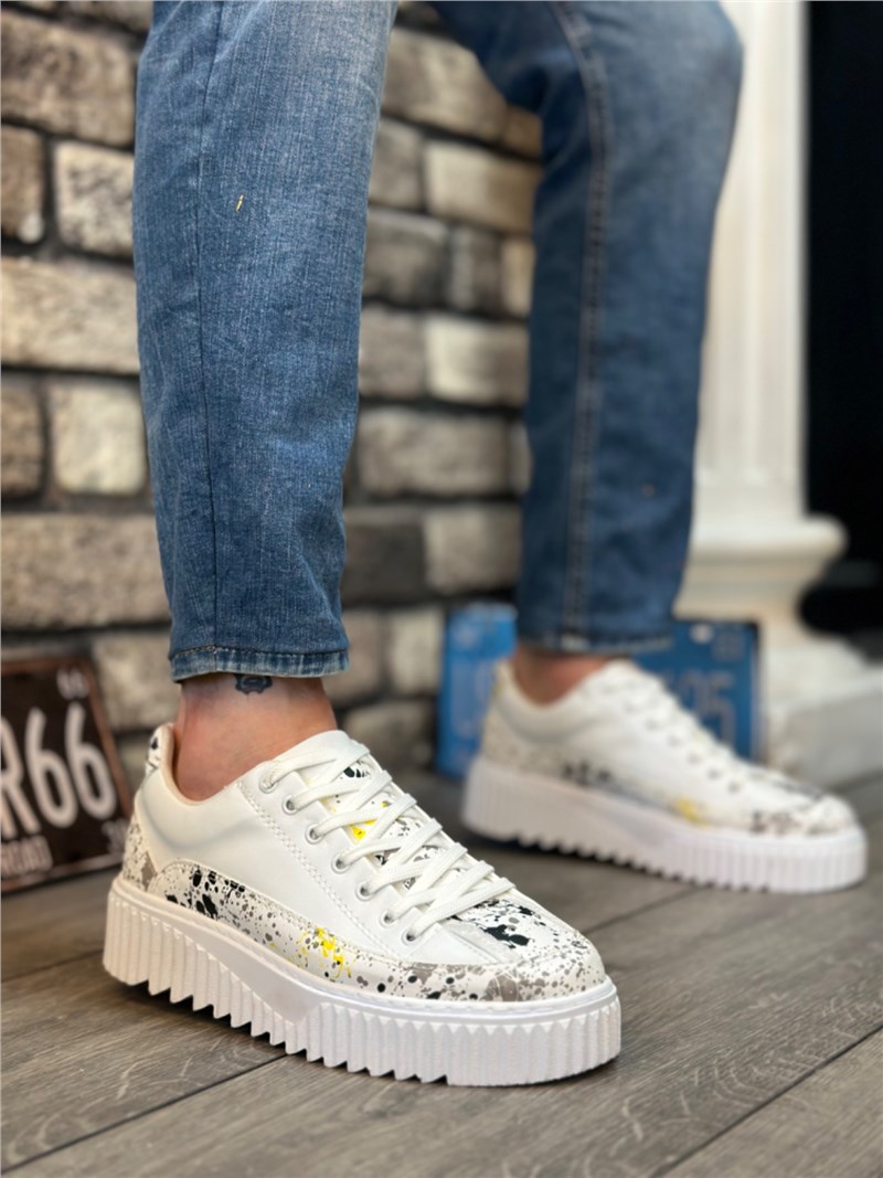 Men's Sports Shoes with Laces BA0801 - White with Yellow #407108