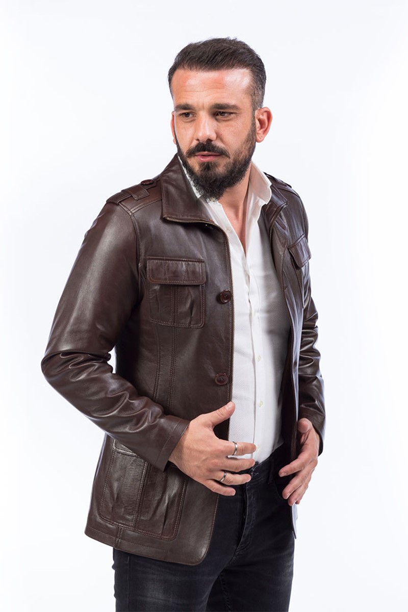 Pánsky kabát z pravej kože E-896 – hnedý #318683