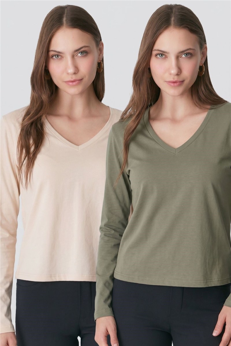 V Yaka Uzun Kol 2'li Basic T-Shirt 954 Haki/Bej  #452508