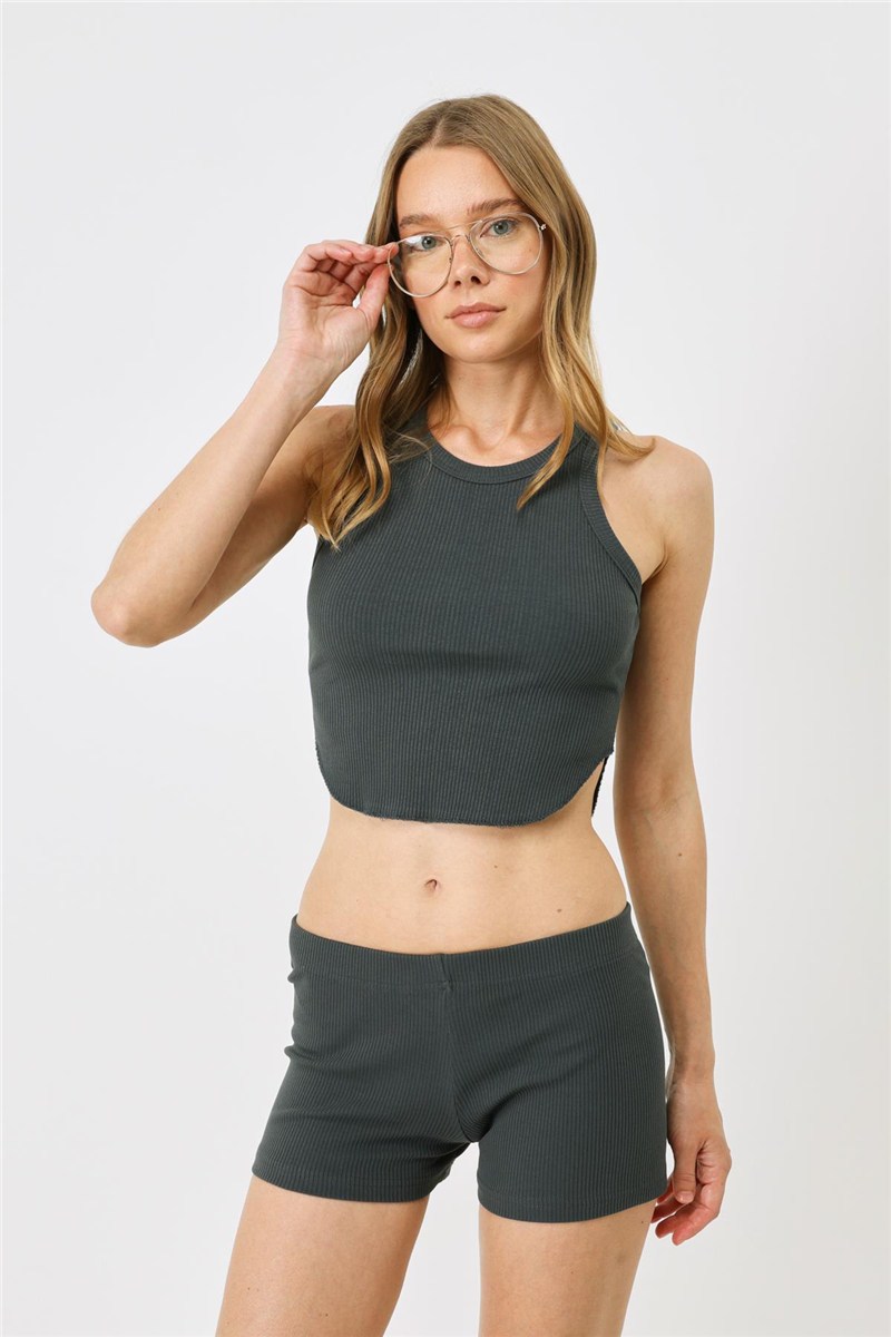 Women's Oval Ribbed Spaghetti Strap Crop Tank Top 920  #451536