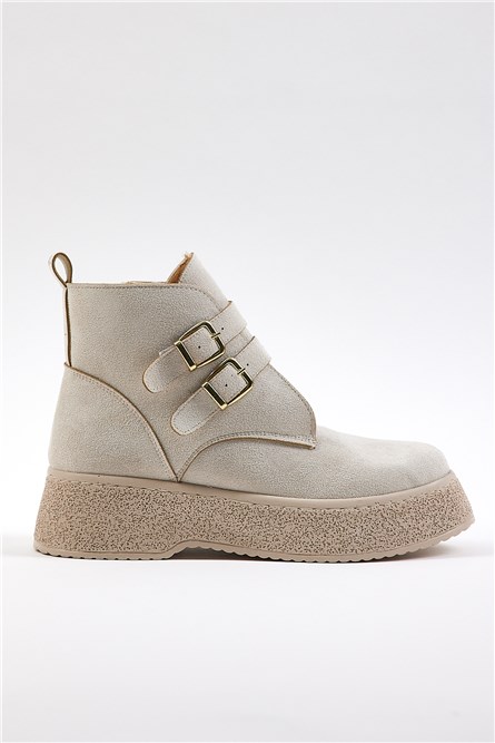 Women's Suede Side Buckle Boots - Light Beige #406828