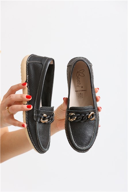 Women's Genuine Leather Loafers BY173 - Black #370009