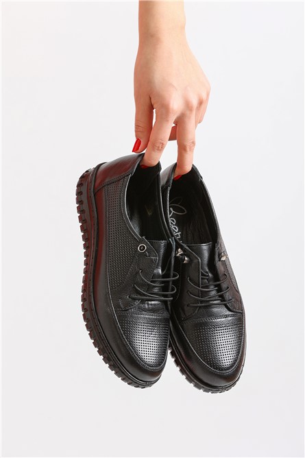 Women's Genuine Leather Loafers BY176 - Black #370011