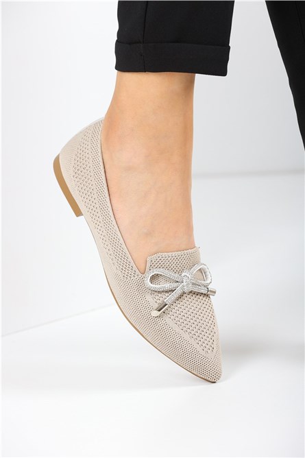 Дамски балерини от текстил с декоративна панделка EM5070 - Светлобежови #360849
