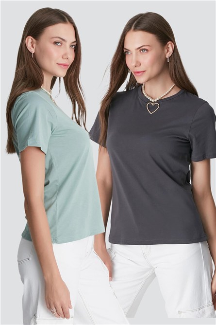 Round Neck Short Sleeve 2-Pack Basic T-Shirt 960  #451379