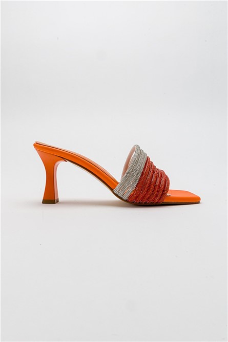 Women's slippers with decorative stones - Orange #381718