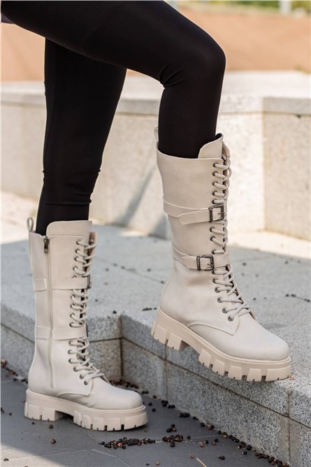 Women's Lace Up Side Buckle Boots - Light Beige #362972