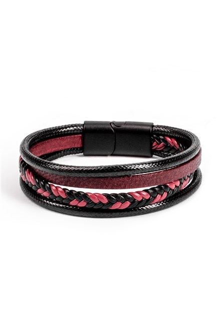 Мъжки комплект с 4 гривни от естествена кожа - Черно-Червен 20230901008