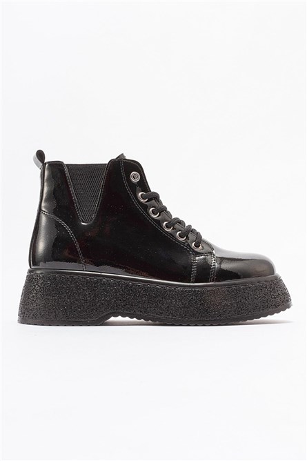 Women's Lace Up Patent Leather Boots - Black #403706