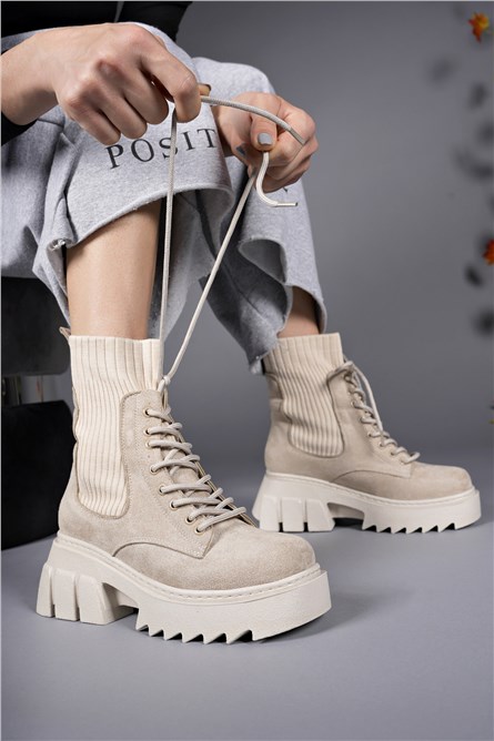 Women's Lace Up Suede Boots 0012202 - Light Beige #407126