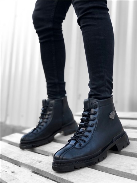 Men's Short Lace Up Zip Up Boots BA0217 - Black #362655