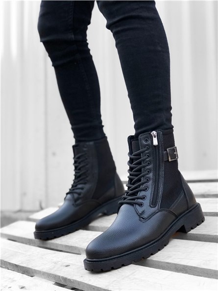 Men's Zip Up Lace Up Sports Boots BA0218 - Black #362657