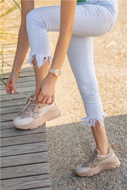 Women's Lace Up Sports Shoes - Beige #361972