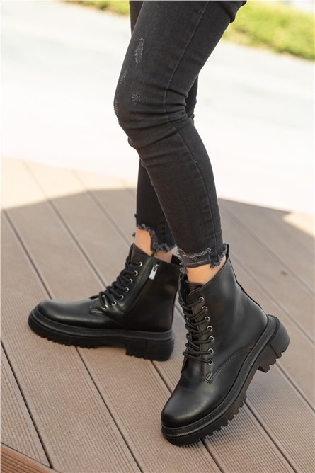 Women's Lace Up Zip Up Boots - Black #362367