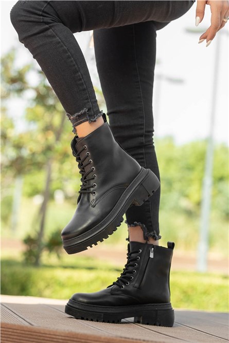 Women's Lace Up Zip Up Boots - Black #362367