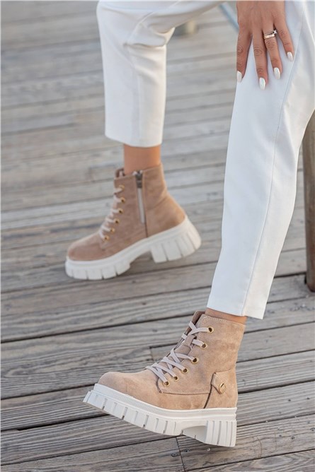Women's Lace Up Suede Boots - Beige #362001