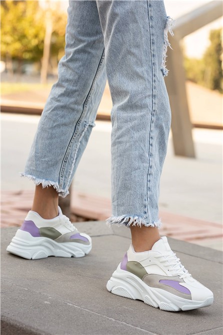 Women's Lace Up Sports Shoes - White with Purple #363827