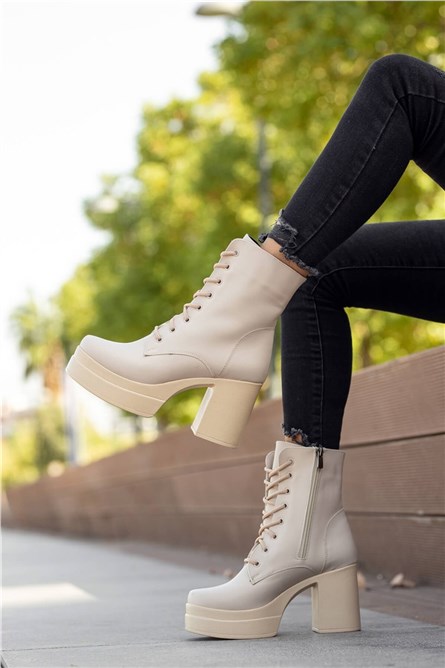 Women's Lace Up High Heel Boots - Light Beige #362418