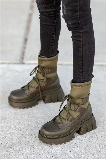 Women's Lace Up Textile Boots - Khaki #361443