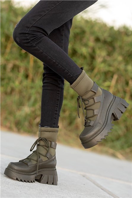 Women's Lace Up Textile Boots - Khaki #361443