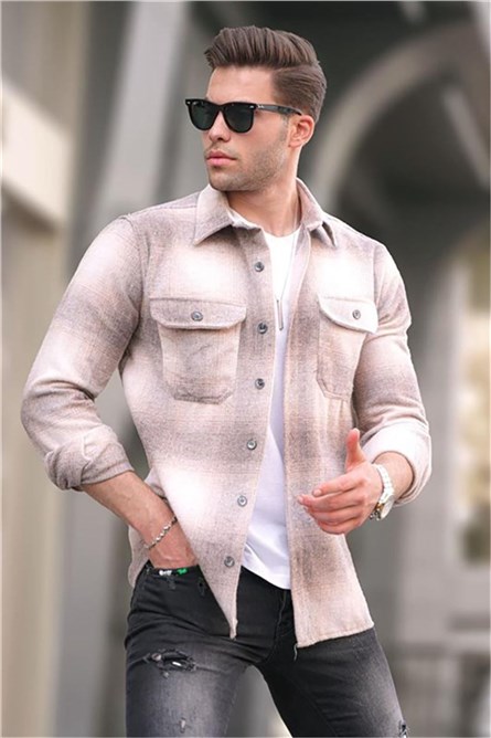 Men's Plaid Shirt With Outer Pockets 5527 - Beige #362925