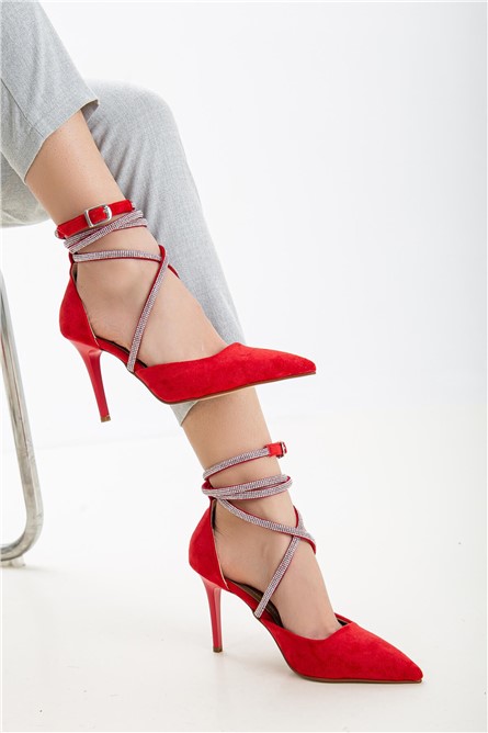 Women's suede sandals with decorative stones - Red #367323