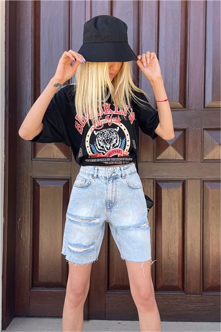 Дамски шорти с висока талия MG1496 - Светлосини #331294