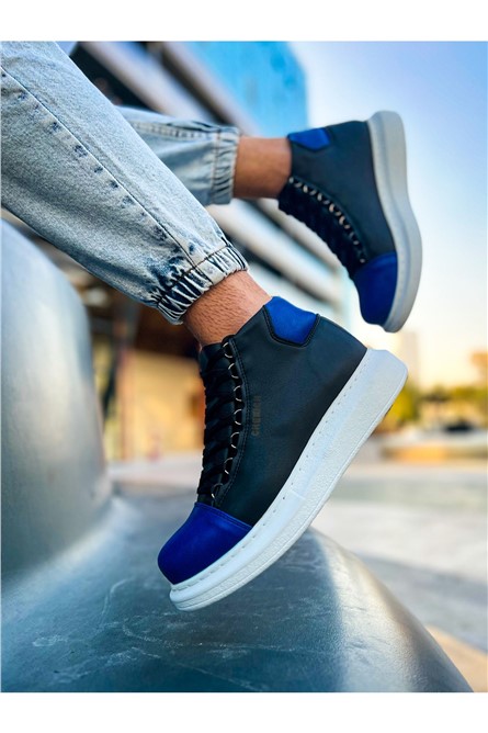 Unisex Lace Up Boots CH258 GBT - Black with Blue #366289