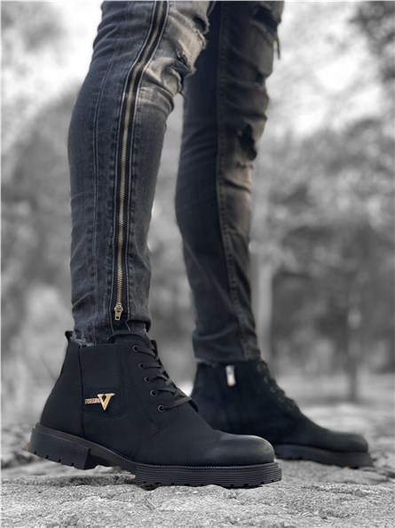 Men's Zip Up Lace Up Boots CO744 - Black #361674