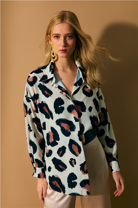 Дамска широка риза с десен - Бежово-Кафява #367659