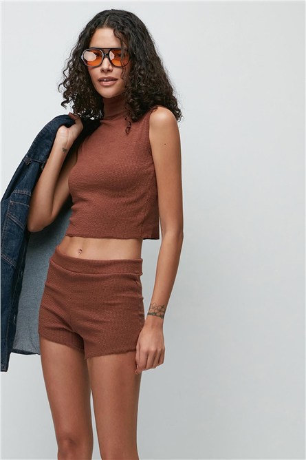 C&City Ribbed Turtleneck Sleeveless T-Shirt Shorts Set 9134   #451173