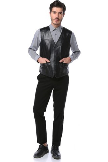 Men's Real Leather Vest - Black #318986