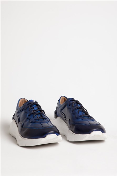 Men's Real Leather Trainers - Blue #318499
