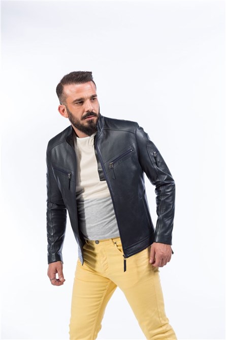Men's Real Leather Jacket - Dark Blue #317361