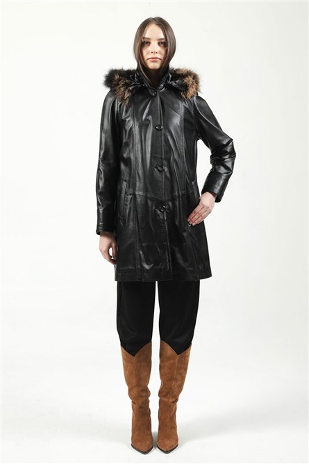 Women's Real Leather Coat - Black #318036
