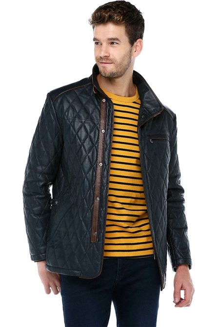Men's Real Leather Coat - Dark Blue #317615