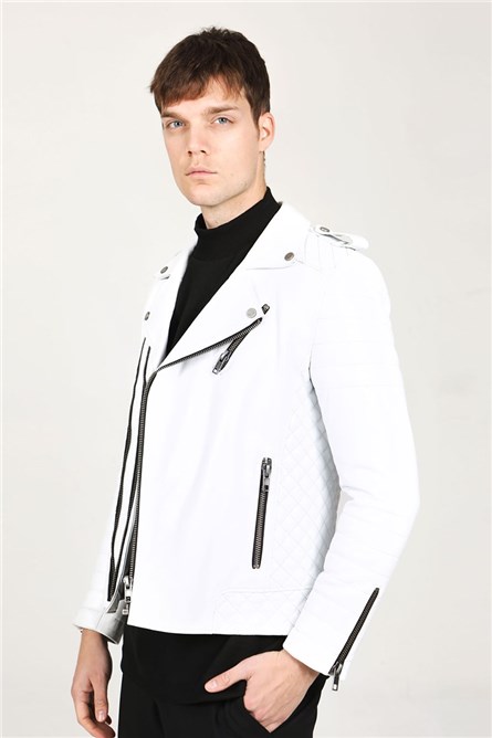 Men's Real Leather Jacket - White #318236