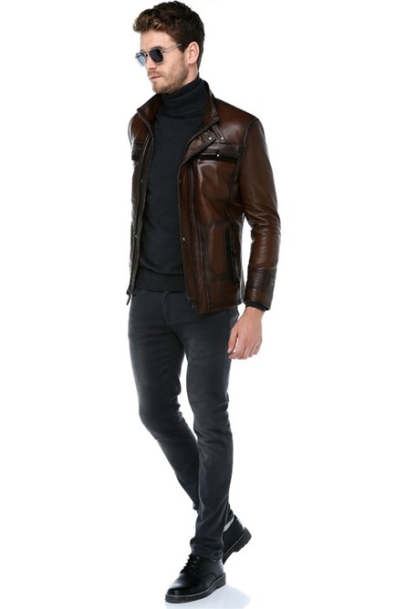 Men's Real Leather Jacket - Dark Brown #318239