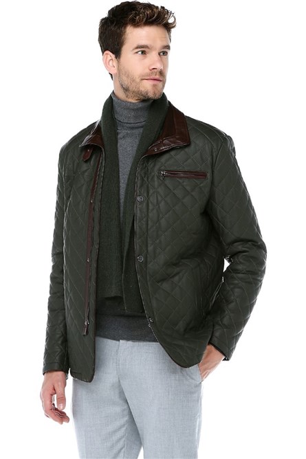 Мъжко яке от естествена кожа E-1202 - Тъмнозелено #318635