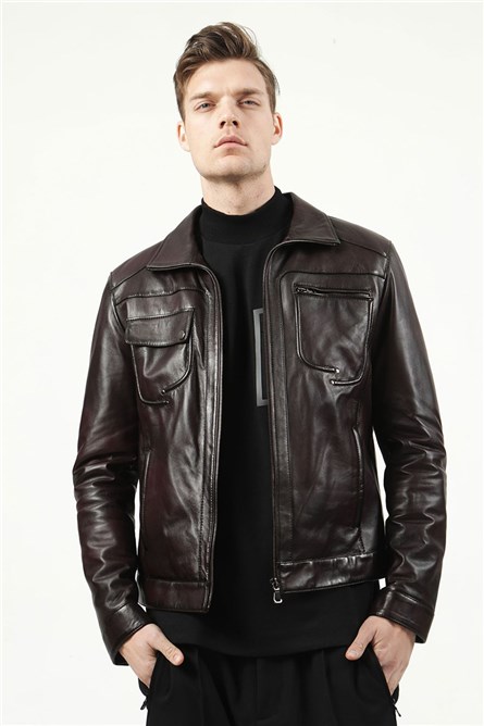 Men's Real Leather Jacket - Dark Brown #319085