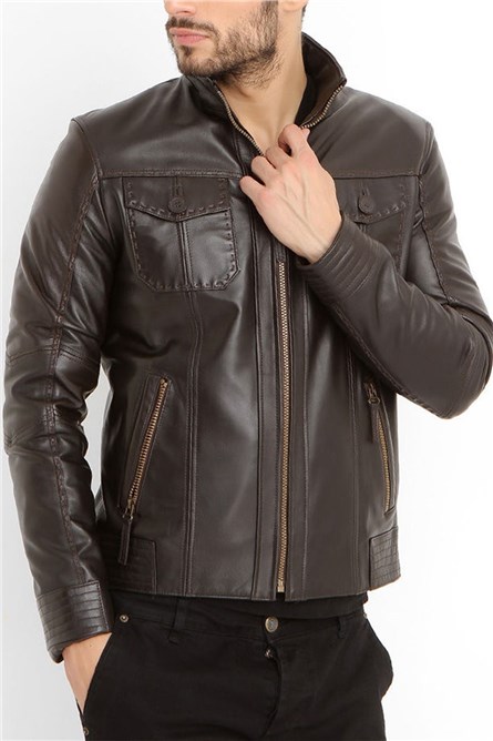 Men's Real Leather Jacket - Dark Brown #319087