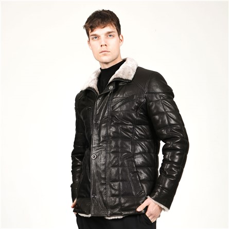 DERİCLUB Men's Faux Leather Coat with Scrawl Lining E2012 - Black #366173
