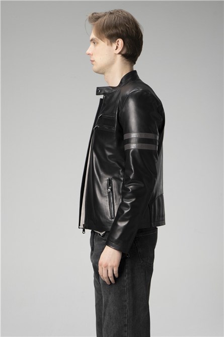 Men's Genuine Leather Jacket E2202 - Black #358133