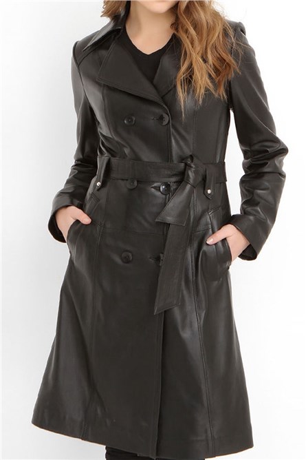 Women's Real Leather Raincoat - Black #317693