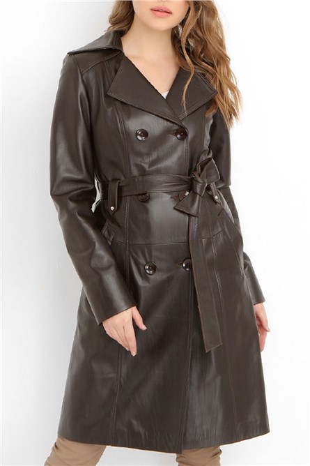 Women's Real Leather Raincoat - Dark Brown #317694