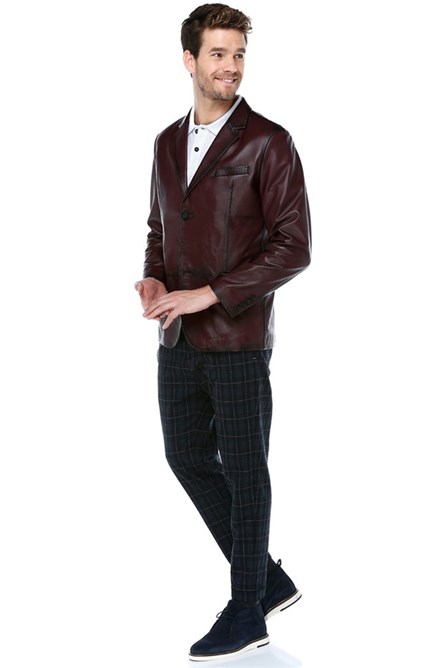 Men's Real Leather Blazer Jacket - Burgundy #318391