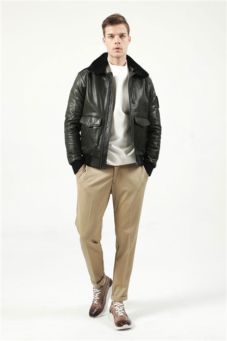 Men's leather jacket - Dark green #323521