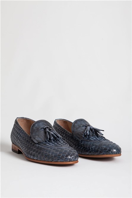 Men's Real Leather Embossed Tassel Kiltie Loafers - Blue #318975